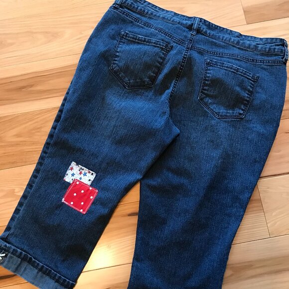 Upcycled Patchwork Jean Capris: Patriotic Theme Cropped Pants 4th of July, 12P - Picture 3 of 12